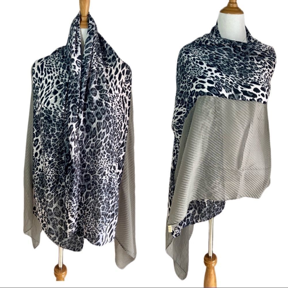 Grey Leopard Print & Solid Pleated Versatile Long Scarf - Picture 6 of 11